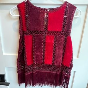 Unique red/ burgundy patchwork fringe top